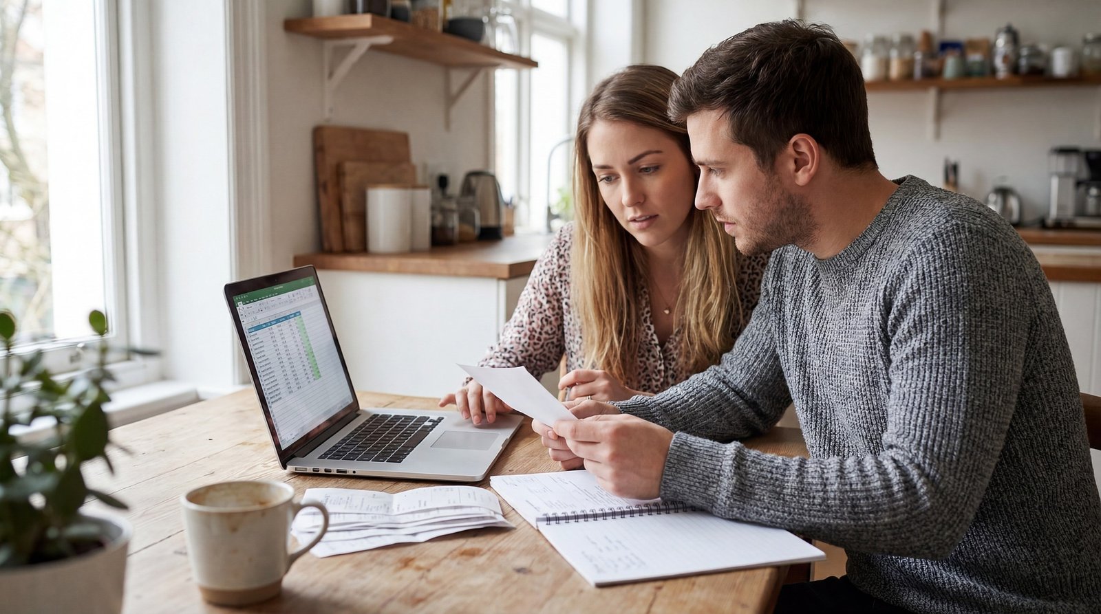 Un couple compare des documents devant un ordinateur portable